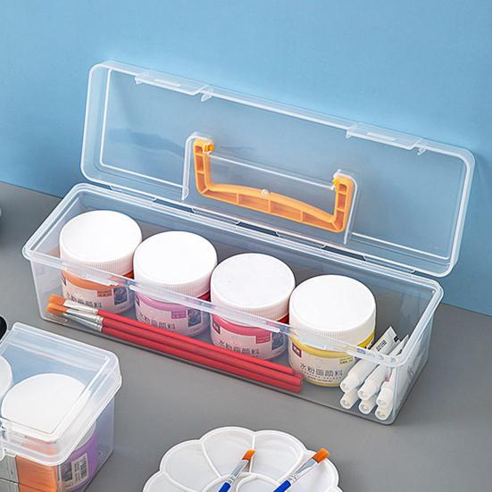 Transparent Storage Box with Dustproof Lid Yellow Handle Stackable Plastic Organizer Cosmetics Office Spices Art Supplies Tools