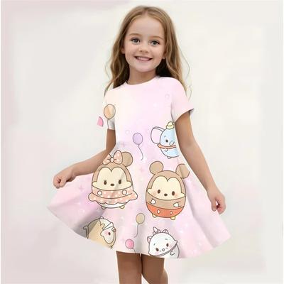 Cartoon Mickey Print Kleid für Mädchen Sommermode Prinzessinnenkleid für Kinder Alltagskleidung mit kurzen Ärmeln