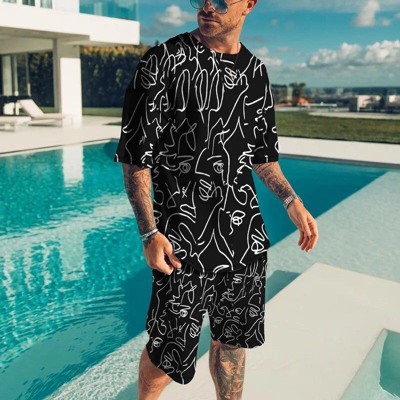 Personality Harajuku 3D Men's T-shirt Sets Casual Streetwear Oversized T-Shirt Shorts 2 Piece Set Summer Tracksuit Man Clothing