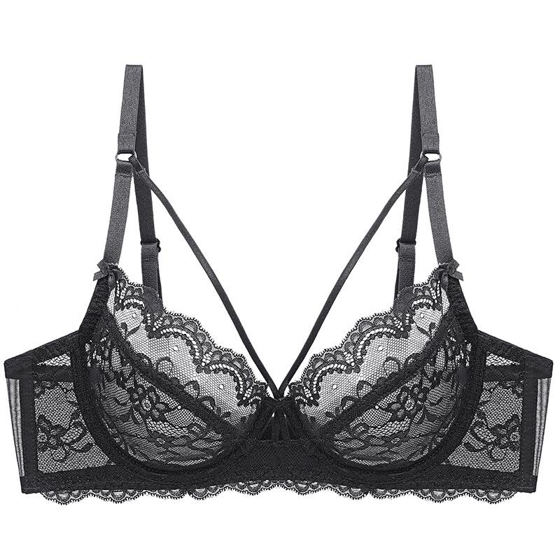 

European & American Transparent Lace Lingerie: Sexy, Ultra-Thin, Uplifting Bra for a Smaller Chest Appearance 90D чорний