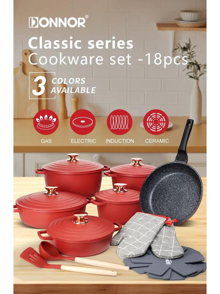 Zestaw 18-elementowych nieprzywierających naczyń kuchennych Donnor z kamienia maifanowego z aluminiowymi pokrywkami