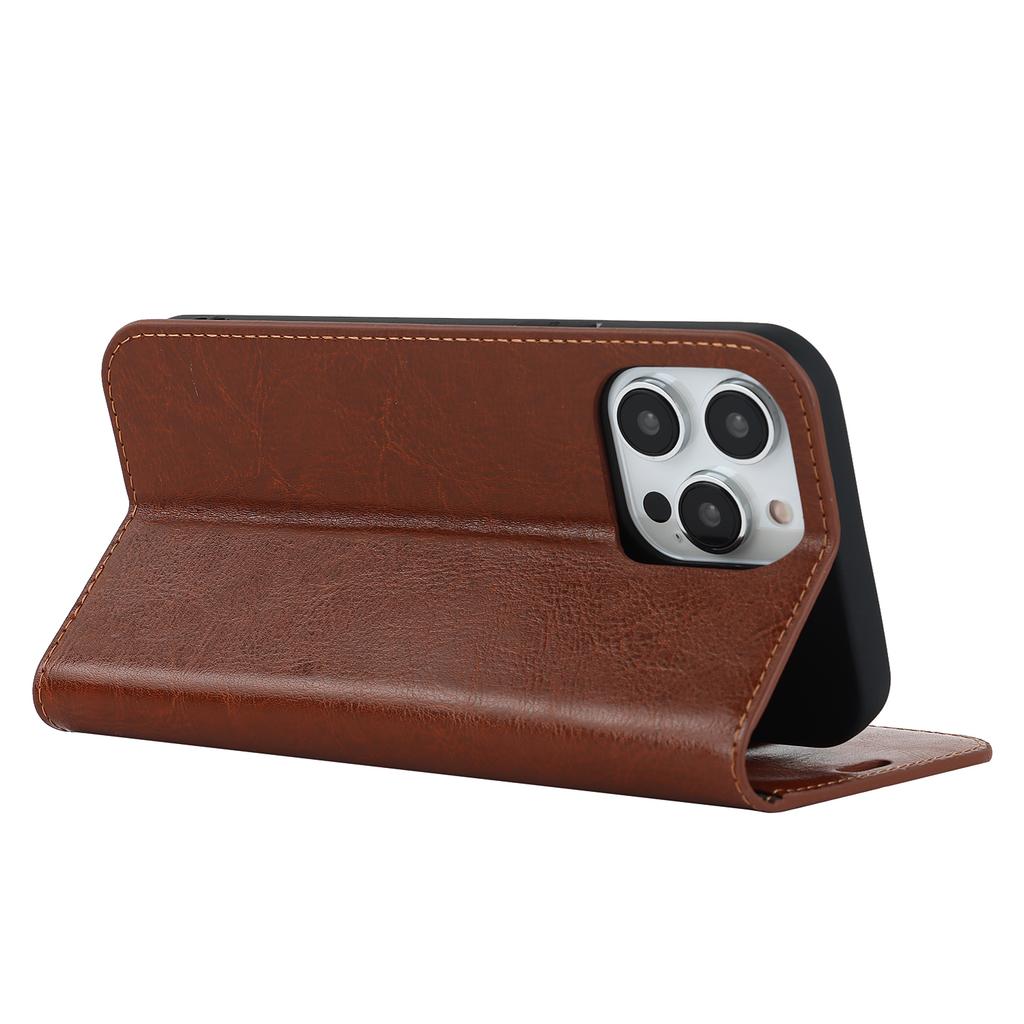 For iPhone 15 Pro Max Crazy Horse Texture Wallet Phone Cover Genuine Cow Leather Stand Case