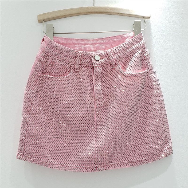 European Goods 2025 Summer New Heavy Industry Hot Drilling Denim Skirt Women's Fashion High Waist Slimming A Word Sheath Short dress