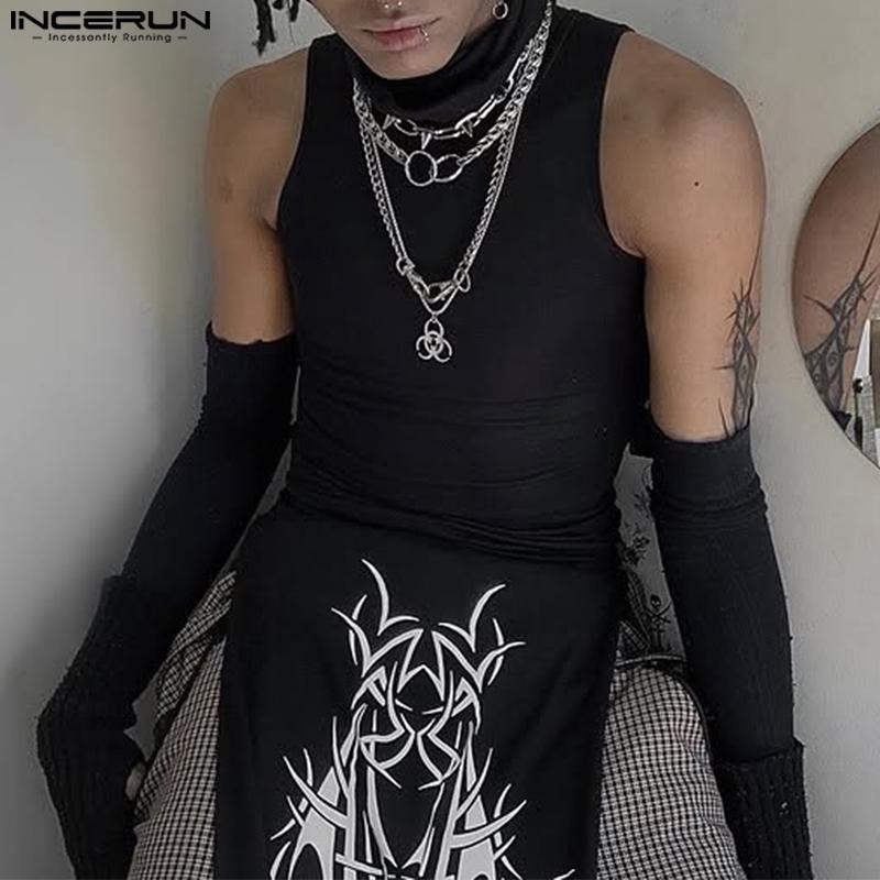 INCERUN Men Summer Oversleeve High Neck Sleeveless Splits Long Tank Tops