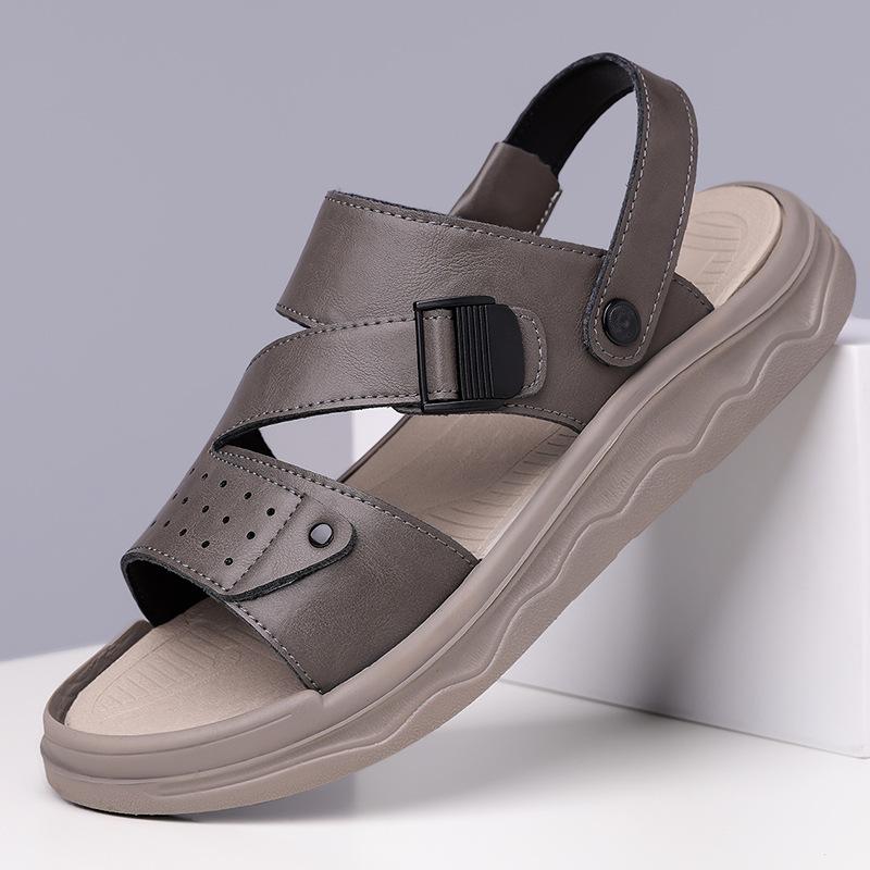 Fashion Sport Men's Hollowed Sandals Fashion Casual Summer Beach Shoes Slippers Man Outside Thick Sole Solid Color Leather Sandals Man