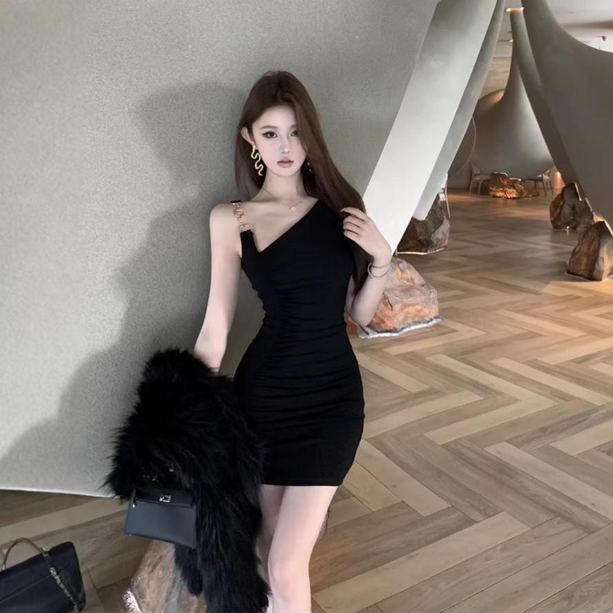 French Chic Metal Buckle One-Shoulder Bodycon Dress - Sexy Summer Socialite Style 2X Large чёрный