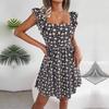 Damska wiosna lato kwadratowy kołnierz bez rękawów bez ramiączek z wysokim stanem Daisy Print Casual Resort Dress S-XL
