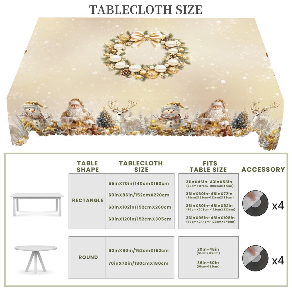 1 Piece Of Christmas-Themed Gold-Printed Tablecloth, Vintage Country Farmhouse Style, Featuring Santa Claus, Snowman, Reindeer, And Christmas Tree Des