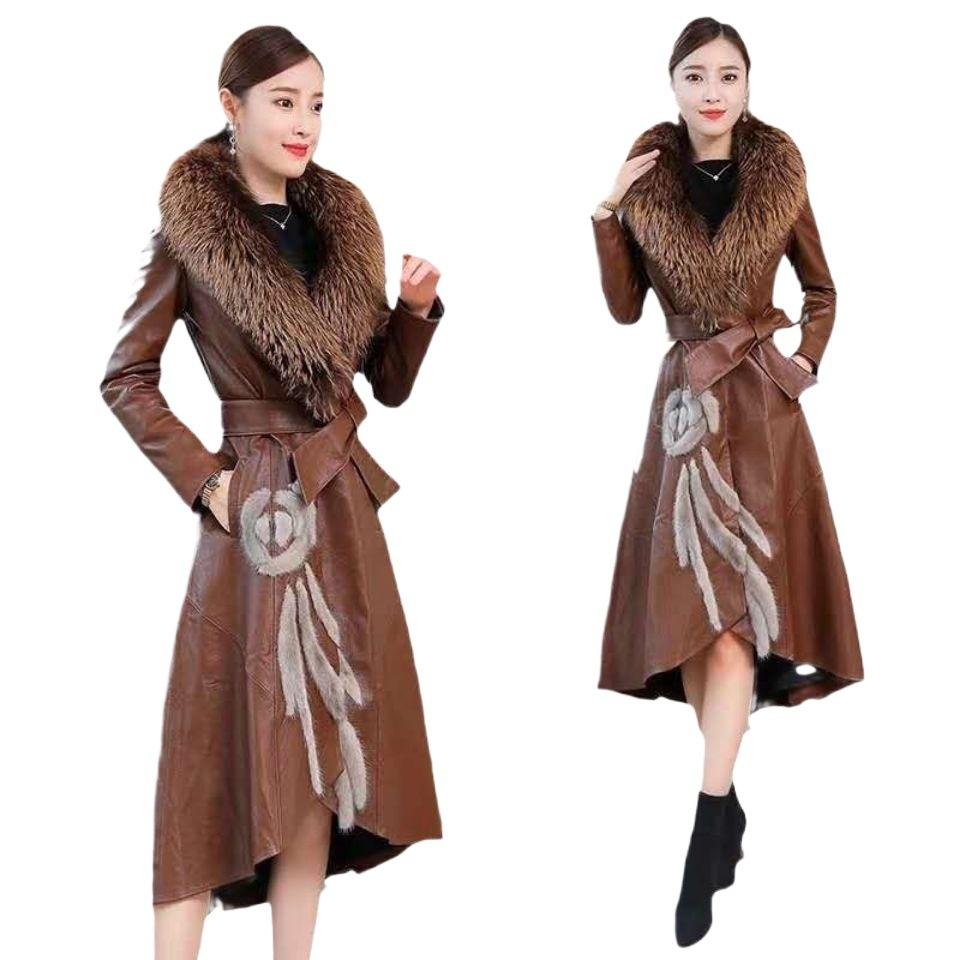 Leather jacket women's medium and long over-the-knee pu leather trench coat autumn and winter new imitation sheepskin coat large size fur coat