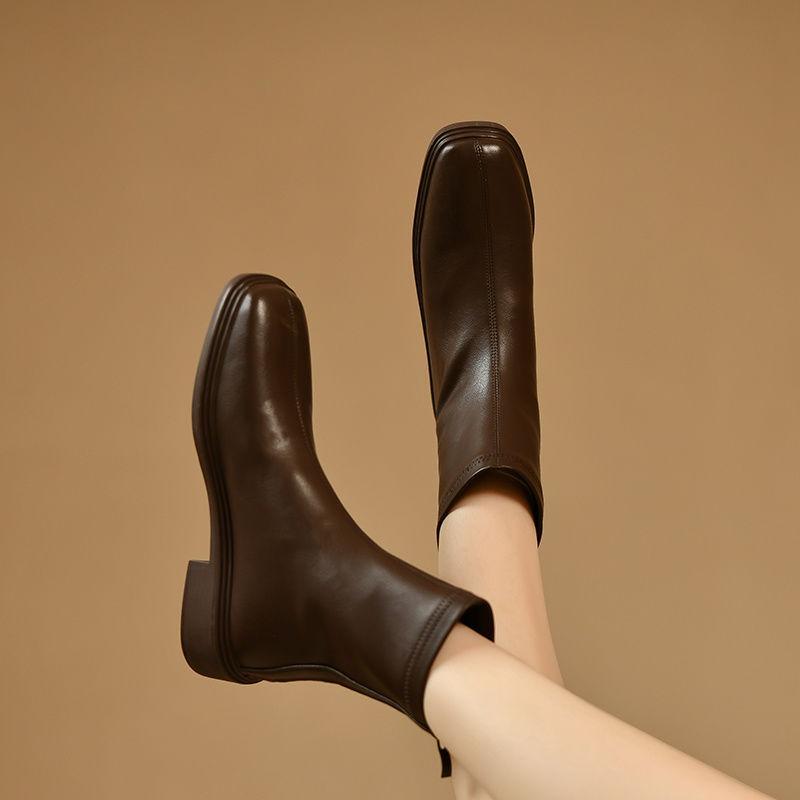 Square Toe Elastic Women'S Ankle Boots Autumn Winter Fleece-Lined Female Short Shoes Leather Booties Sale Goth Trend Boot