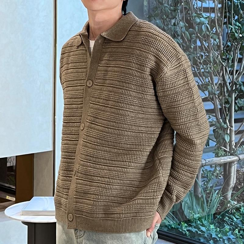 Lightly Mature Korean Style Black Turn-down Collar Knitted Cardigan Coat Men's Autumn Wear High-Grade Casual Sweater