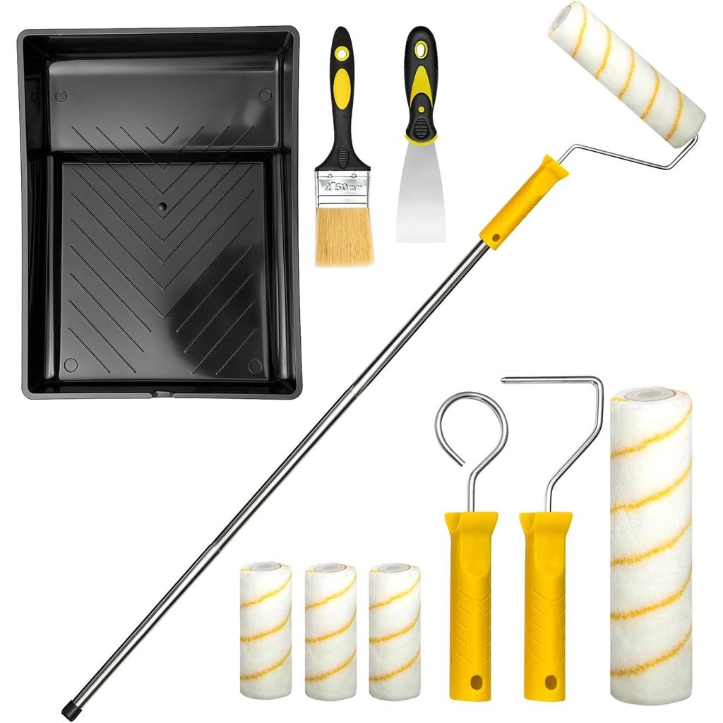 GROWNEER 10 PCS Paint Roller Set with Extension Pole, Large & Small Rollers and Tray – Effortless and Precise Painting for Walls, Ceilings, Doors