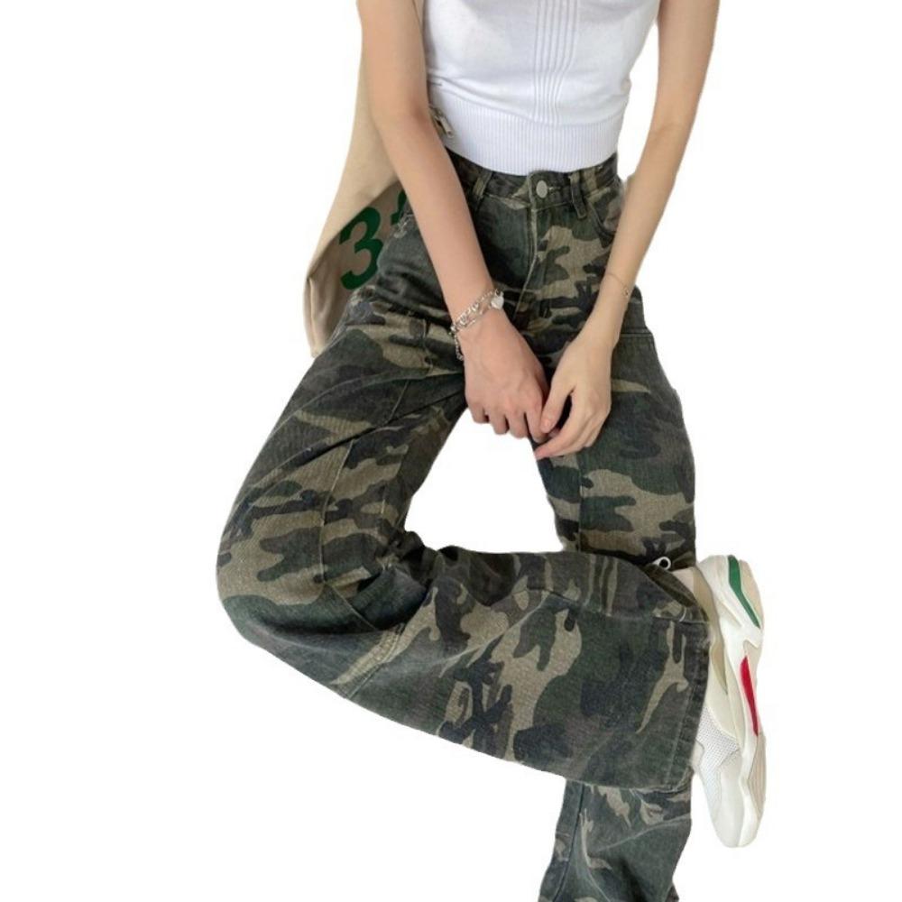 Wischen lässige Camouflage-Jeans Damen Amerikanischer süß-würziger Design-Sinn Hohe Taille Gerade Weites Bein Overalls Kinder
