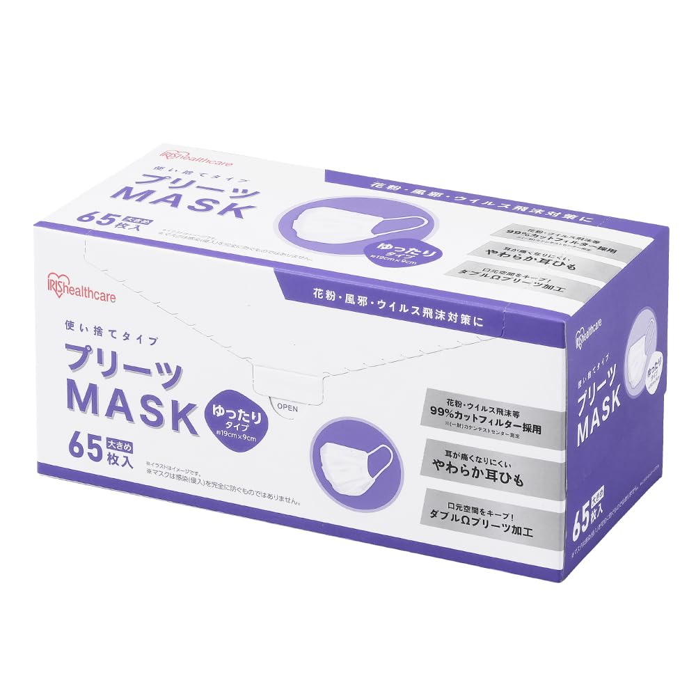 IRIS OHYAMA Nonwoven 65 Comfortable Ear Large Size Masks, Large, Count, White, Protection, PN-NV65LL, White,