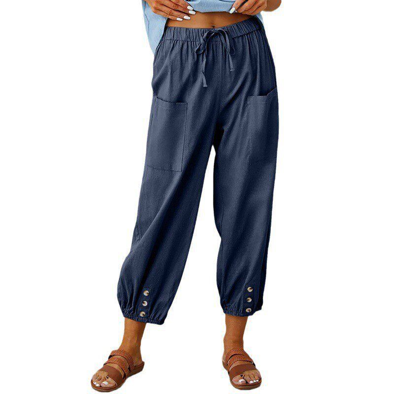2025 New European and American Cross-Border Amazon Wish Loose High-Waisted Buttoned Cotton-Linen Cropped Wide-Leg Women's Pants
