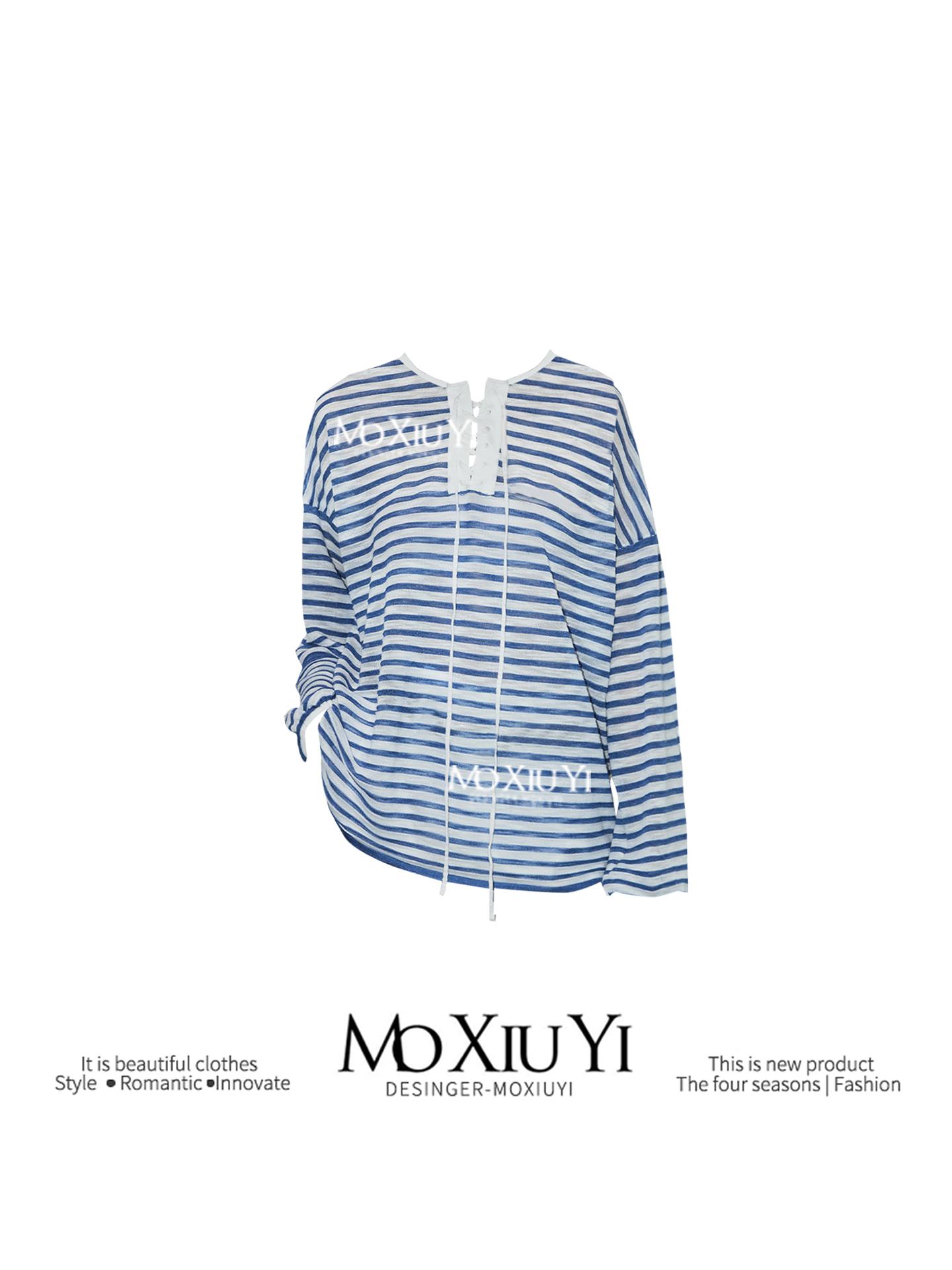 

Moxiuy 2026Ss Summer Vacation French Striped Knit Sunscreen Breathable Long Sleeve T-Shirt Top S небесно-голубой/синий