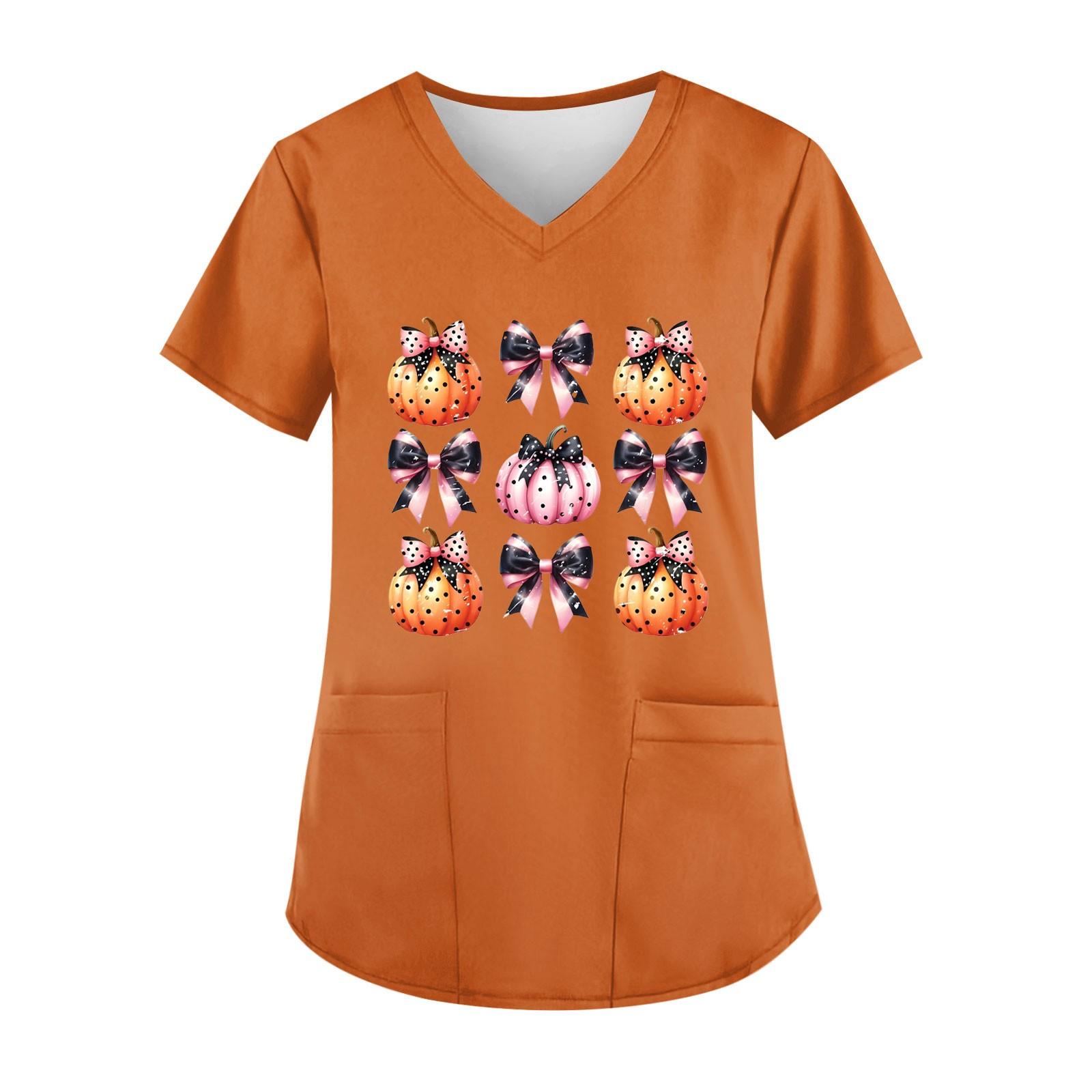 

Женская мода V-образный вырез повседневные Хэллоуин принтованные топы с карманами рабочая одежда S оранжевый