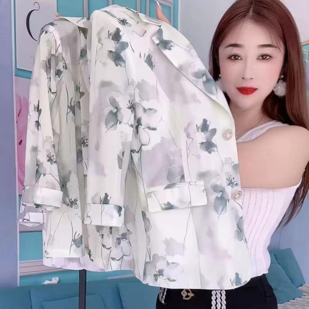 High End Fashion Blazer Women Coat Thin Printed Sun Protection Elegant Suit Short Sleeve Summer Top
