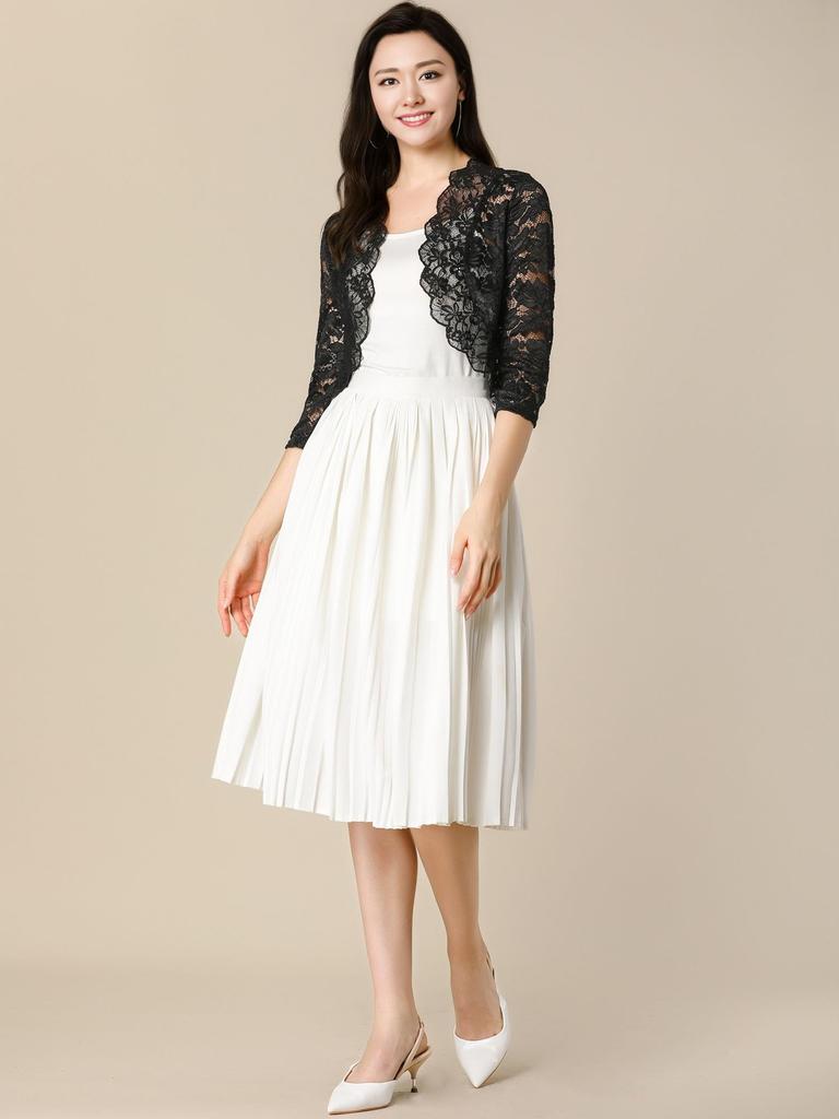 Allegra K Lace Full Sheer Floral Print Shrug Open Size 2XL Bolero, Lace, Top, 3/4 Sleeves, Front, Elegant, Women's, Black,