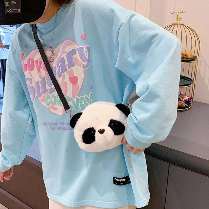 Panda Head Crossbody Bag Versatile Cute Plush Bag Cartoon Shoulder Bag
