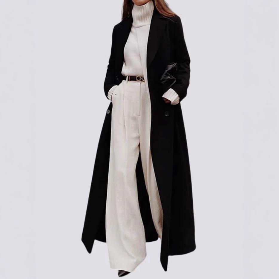 Women's Long Black Double-Breasted Overcoat