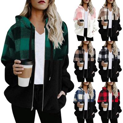 Womens Zipper Hood Loose Cardigan Plaid Panel Plush Jacket
