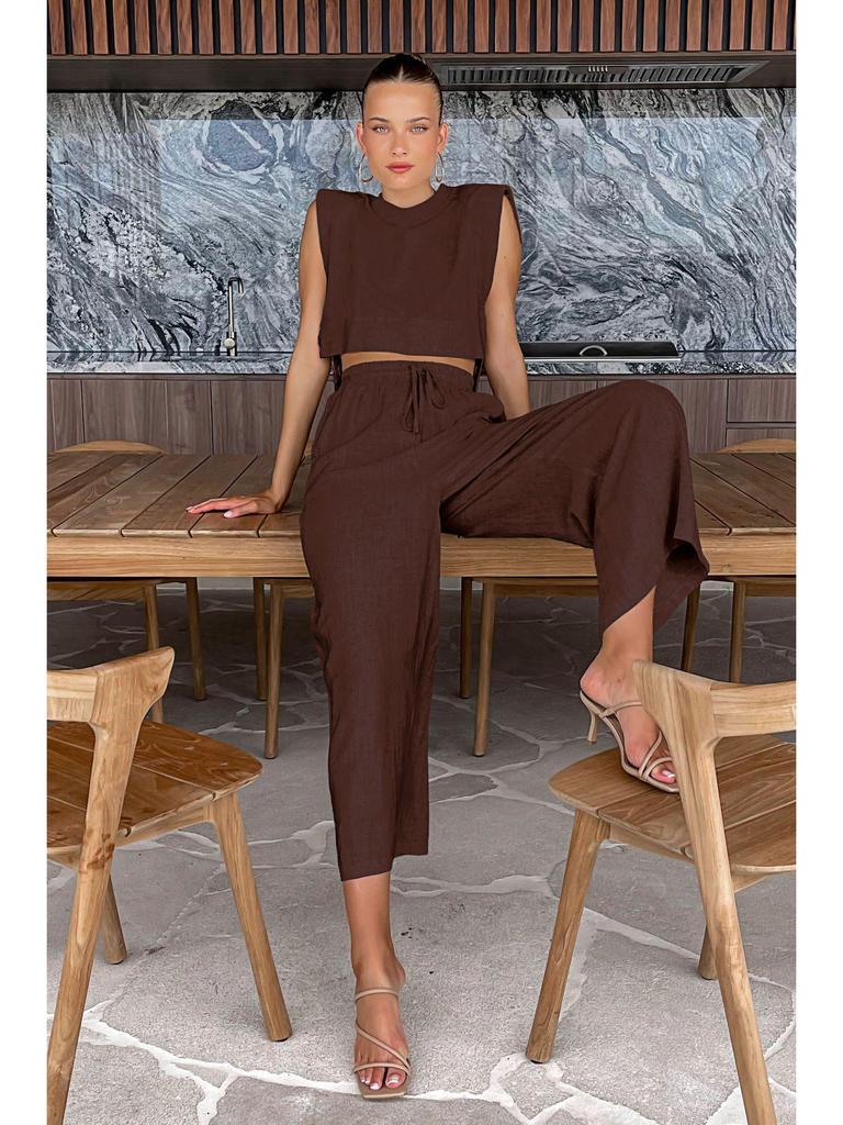 2024 Summer Women's Cotton Linen Two-Piece Set: Sleeveless Shoulder Pad Top & Trousers – European-American Casual Fashion