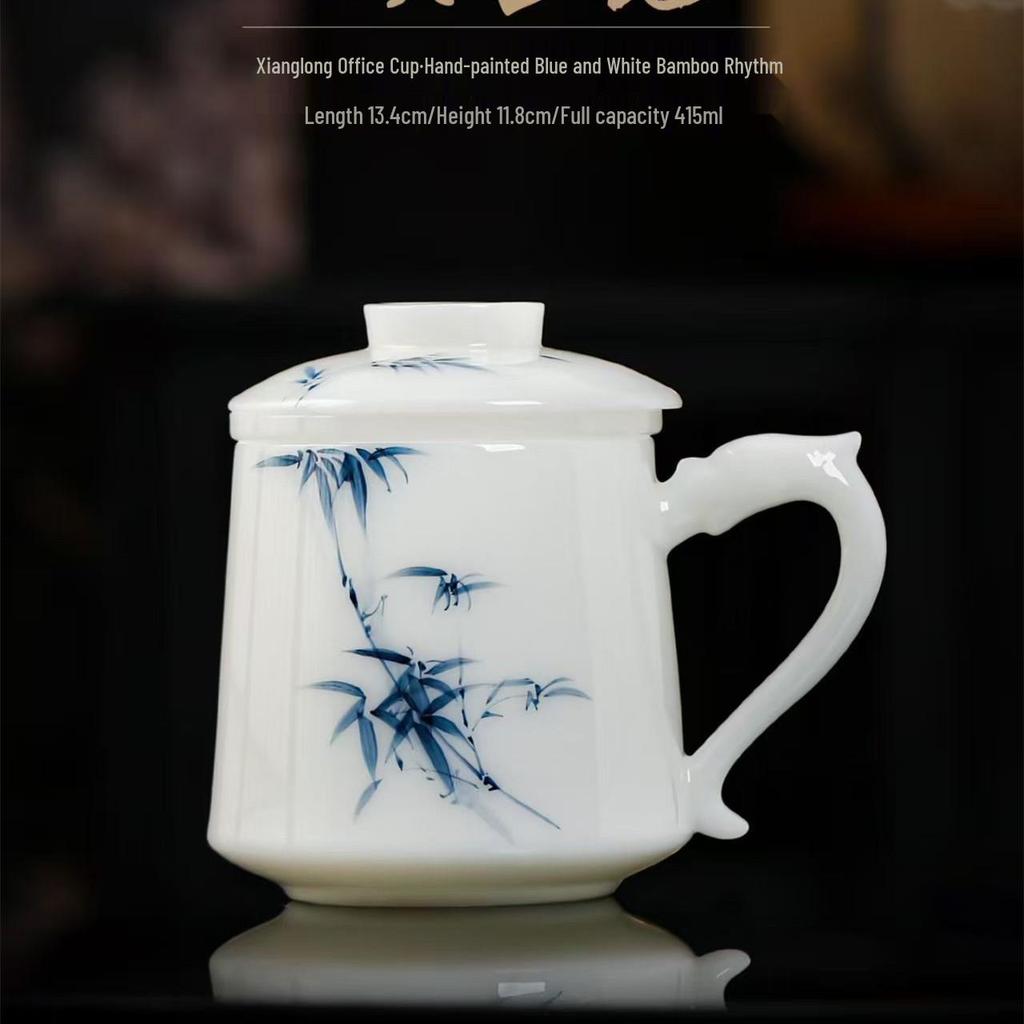 Large Hand-Painted Jade Porcelain Cup with Lid and Handle for Tea Brewing