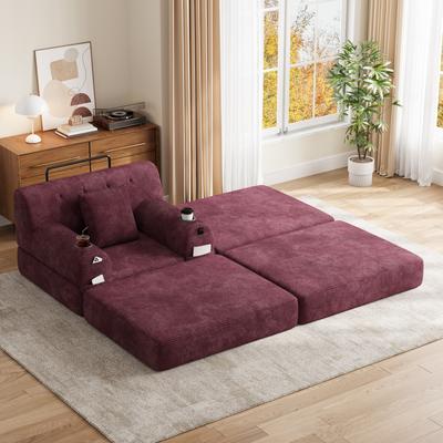 1-Seater Sleeper Chair with Ottoman, Compact Sofa, High Backrest, Metal Frame, High-Density Foam, 2 Cup Holders, 4 Side Pockets, Wine Red
