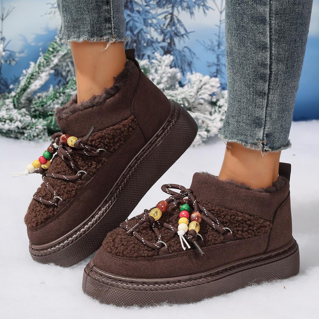 Mode Lässige Kurze Plüsch Damen Schneestiefel 2025 Winter Böhmische Farbige Perlen Schnürstiefeletten aus Kunstfell Dicke Sohle Pelzige Schuhe