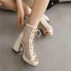FOREADA Women Hollow Mesh Sandals Peep Toe Thick High Heels Lace-up Platform Sexy Comfort Jazz Dance Boot Ladies Shoes Summer 46