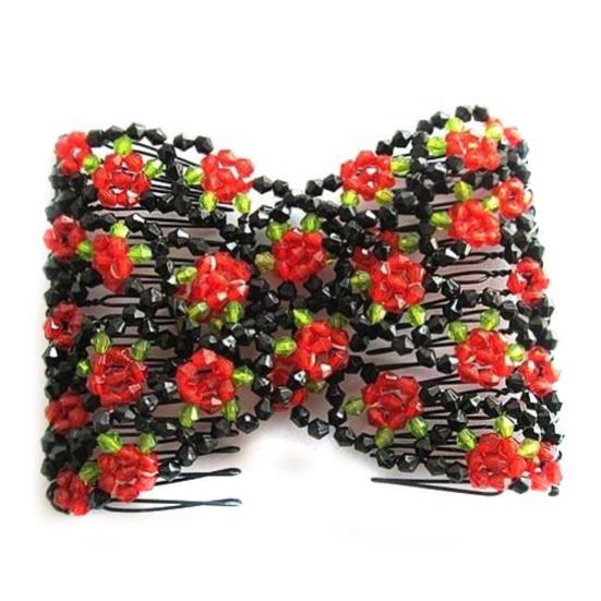 Women's Chic Stretch Rose Flower Bow Beaded Hair Comb Cuff Double Insert Clips