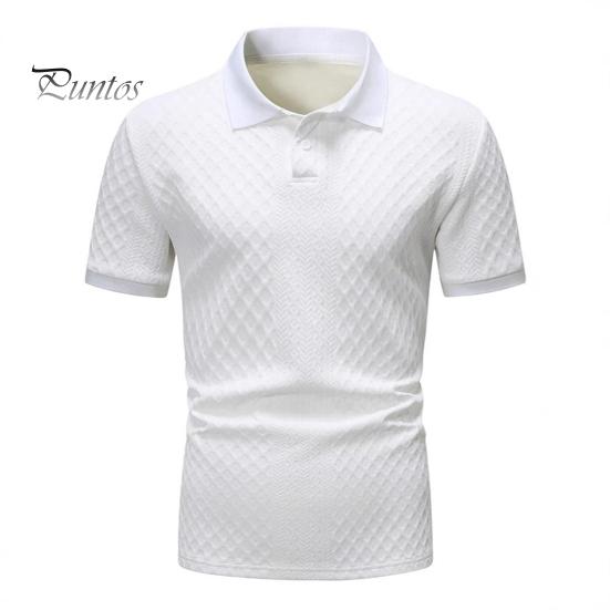 Men Tops Lapel Short Sleeve Solid Color Tee Shirt with Jacquard Decoration Jacquard Fabric Solid Color Tops