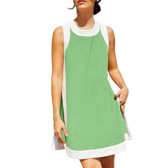 Two Piece Set for Women Summer Boho Color Block Outfits Sleeveless Crewneck Side Slit Mini Dress Casual Lounge Short Sets