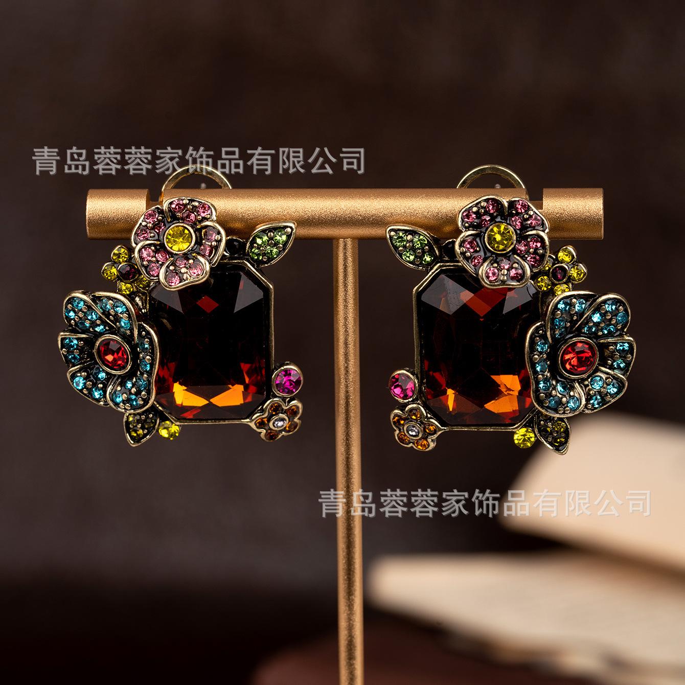 

Vintage Court Style Flower Colored Gemstone Earrings Classical Elegance Grandeur Antique High-end Goods