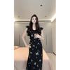 French Retro Flying Sleeve Printing Dress Women's Lotus Leaf Edge Wasteland Wind Waist Thin Black Bow Dress