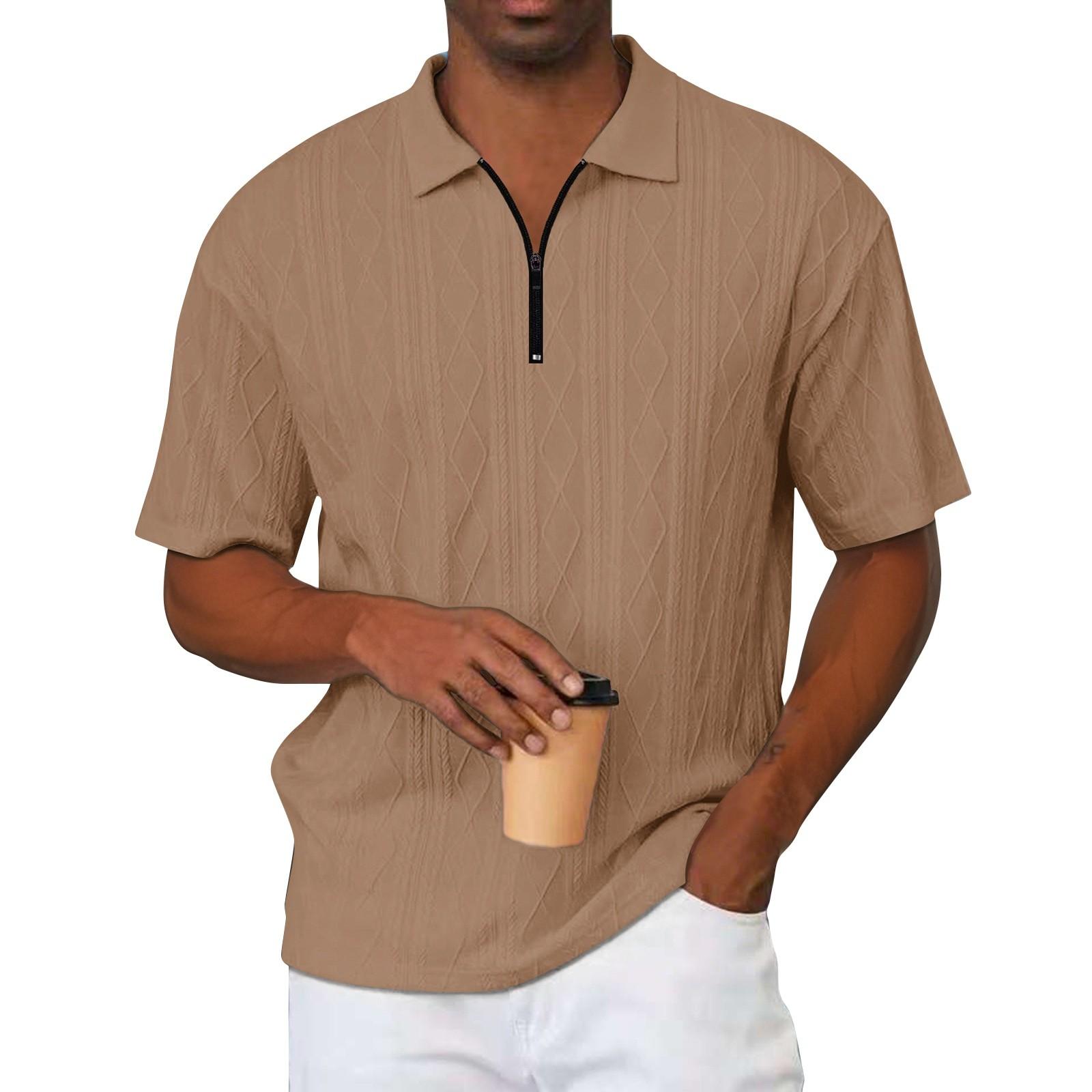 

Мужской летний однотонный вязаный текстурный топ свободного кроя с коротким рукавом и воротником на молнии XL хаки