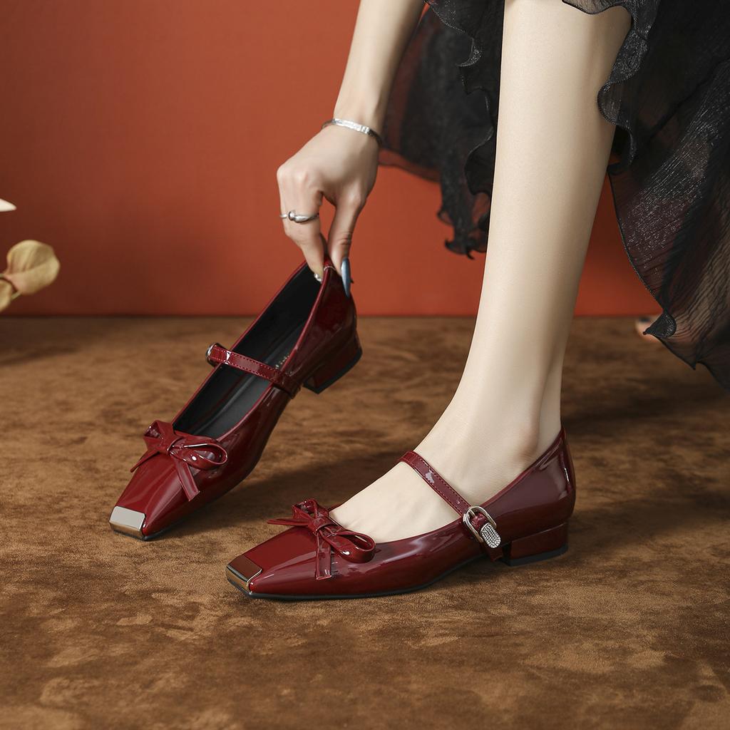 New Light Mouth Low Heel Flat Shoes Women's Small Fragrant Wind Patent Leather Iron Head White Bow Mary Jane Single Shoes Women's Thick Heel