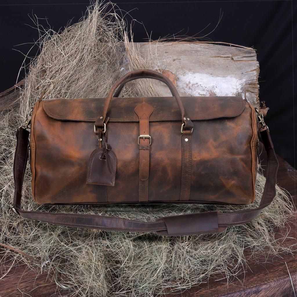 Handmade Full Grain Leather Duffel Bag: Vintage Travel Weekender