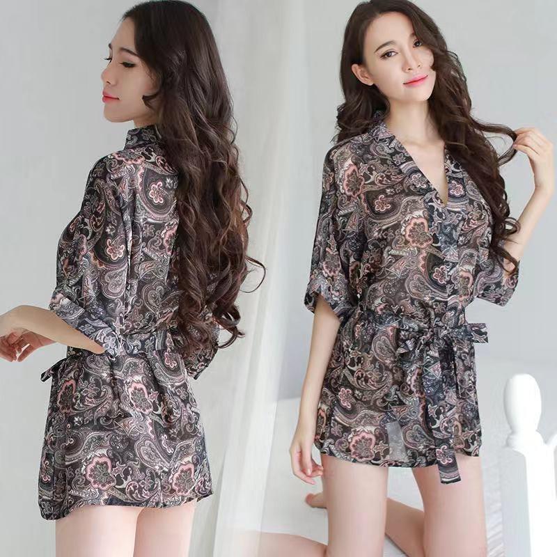 Sexy Lingerie Sexy Chiffon Nightgown Hot Transparent Tulle Bathrobe Extremely Tempting Printed Pajamas
