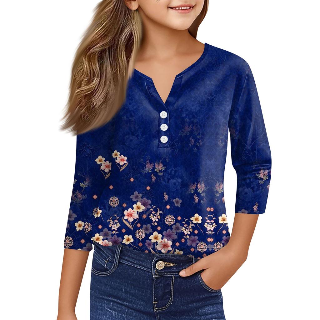 Mädchen Lässige Mode Oberteile Bedrucktes Sieben-Ärmel T-Shirt mit Knöpfen