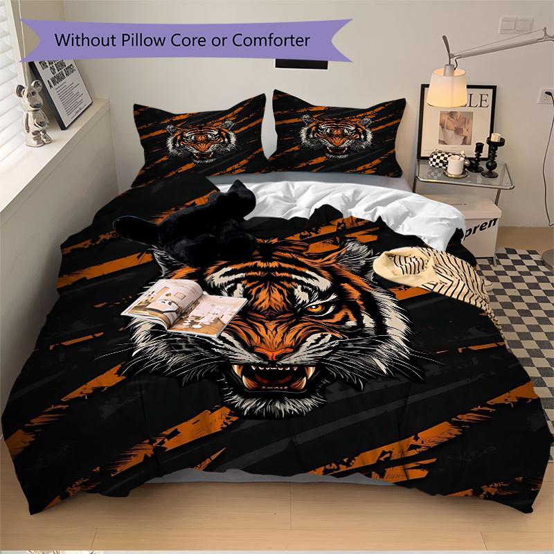 3pcs Orange Stripes Tiger Quilt Set Cartoon Themed Bed Quilt Set Lovely Character Bedroom Decor Bed Quilt Set Four Seasons (1 Cover + 2Pillowcase