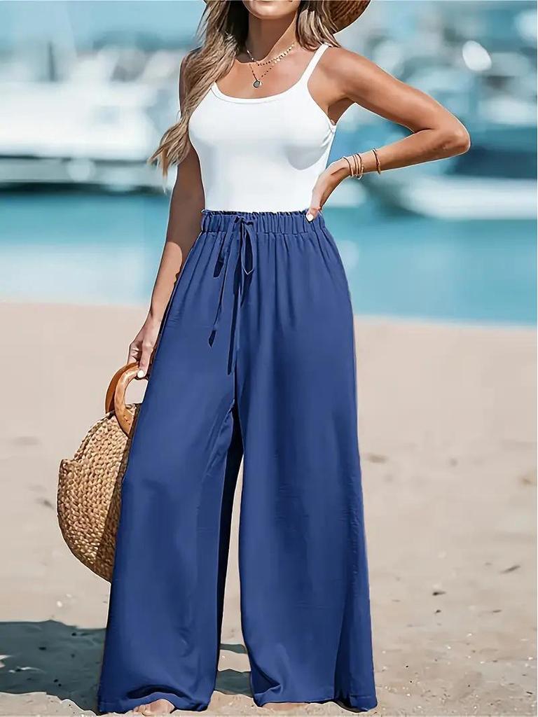 Women's Wide-Leg Solid Color Casual Polyester Pants