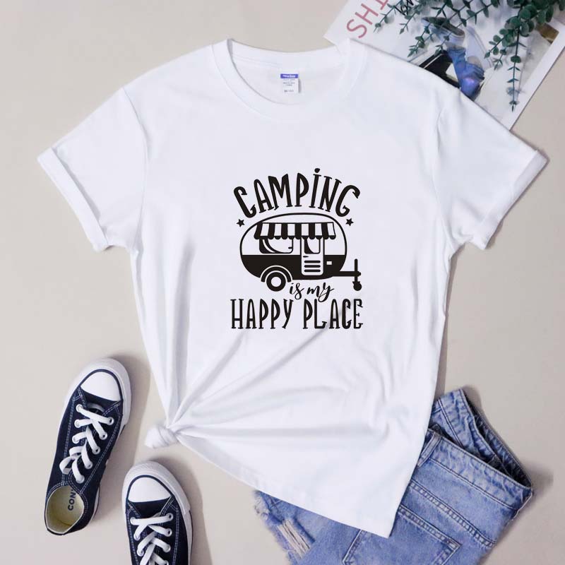 Camping Is My Happy Place Tshirt Cute Queen Of The Camper Tshirt Funny Road Trip Traveler Gift Tee Shirt Top