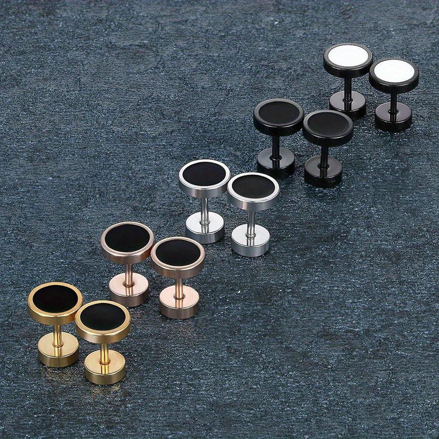 2pcs Unisex Punk Stainless Steel Simple Drip Oil Double Side Barbell Dumbbell Round Stud Earrings for Men Women Hip Hop Jewelry