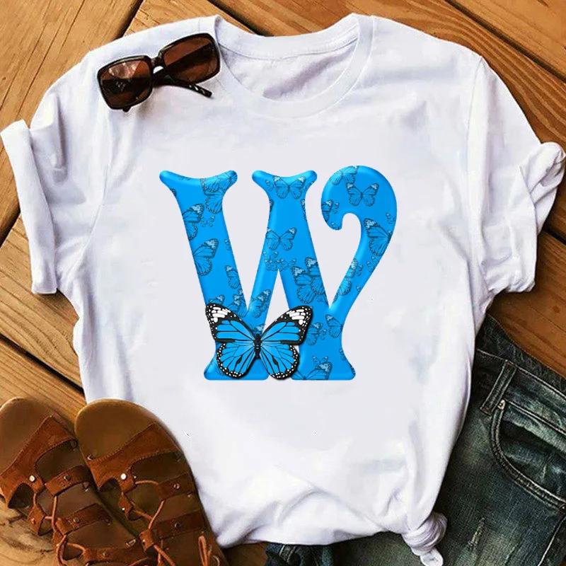 26 English Letters Butterfly Print Tshirt Short Sleeve Women Tops Graphic Harajuku Harajuku Sleeve Casual Aesthetic Clothes