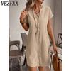 Abiti casual da donna, moda estate primavera, stampa tinta unita, manica corta, scollo a V, vita ampia