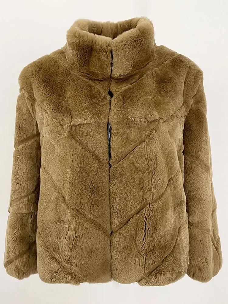 

OFTBUY 2024 Зимняя новая мода коричневое пальто из натурального меха кролика утолщенное и теплое для женщин для ежедневных поездок на работу и отдыха XXXL коричневый