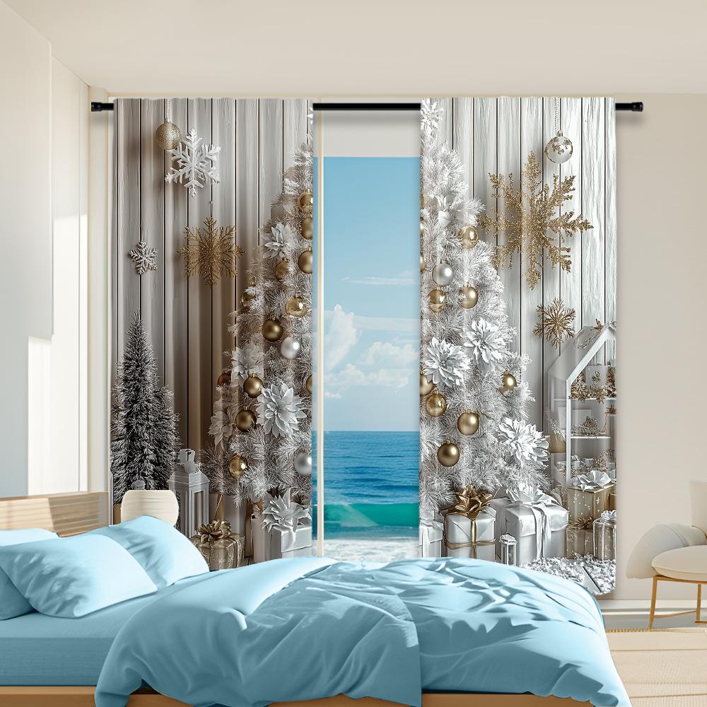 

2Pcs Classic Christmas Tree And Snowflake Print Curtains Polyester Rod Hole Washable Drapes For Various Room Elegant 100*130 Rod Pocket 1pcs