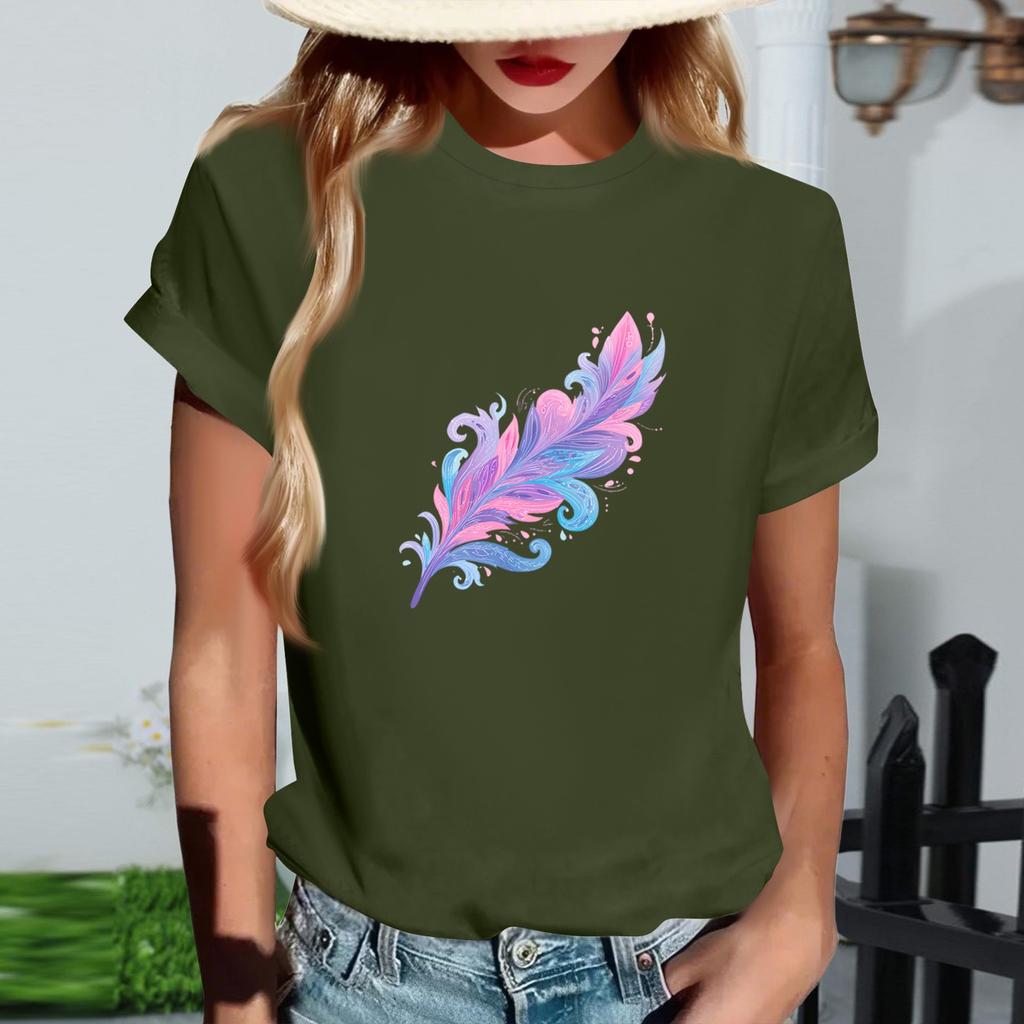 Women's Fashionable Round Neck Casual Retro Print Short Sleeved T-shirt Top